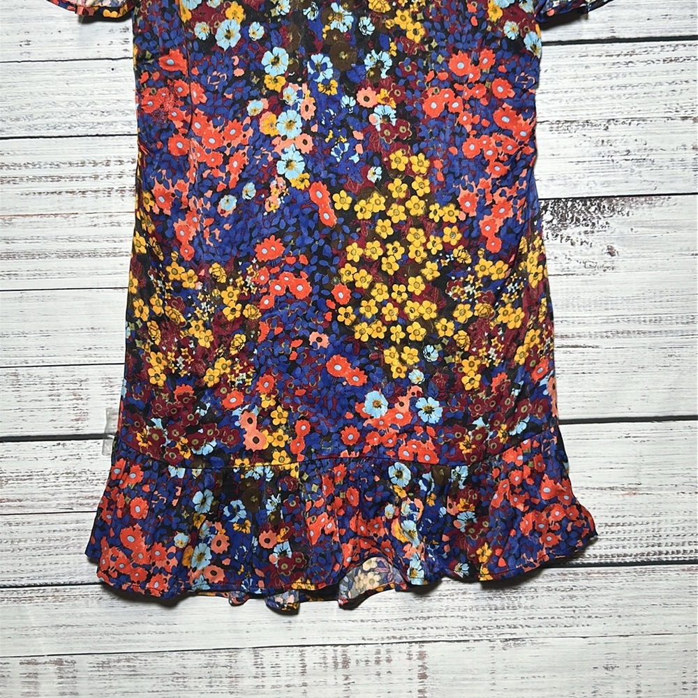 Anthropologie Ruffled Satin Mini Dress Floral Open Low Back Bow 12P - Picture 8 of 16